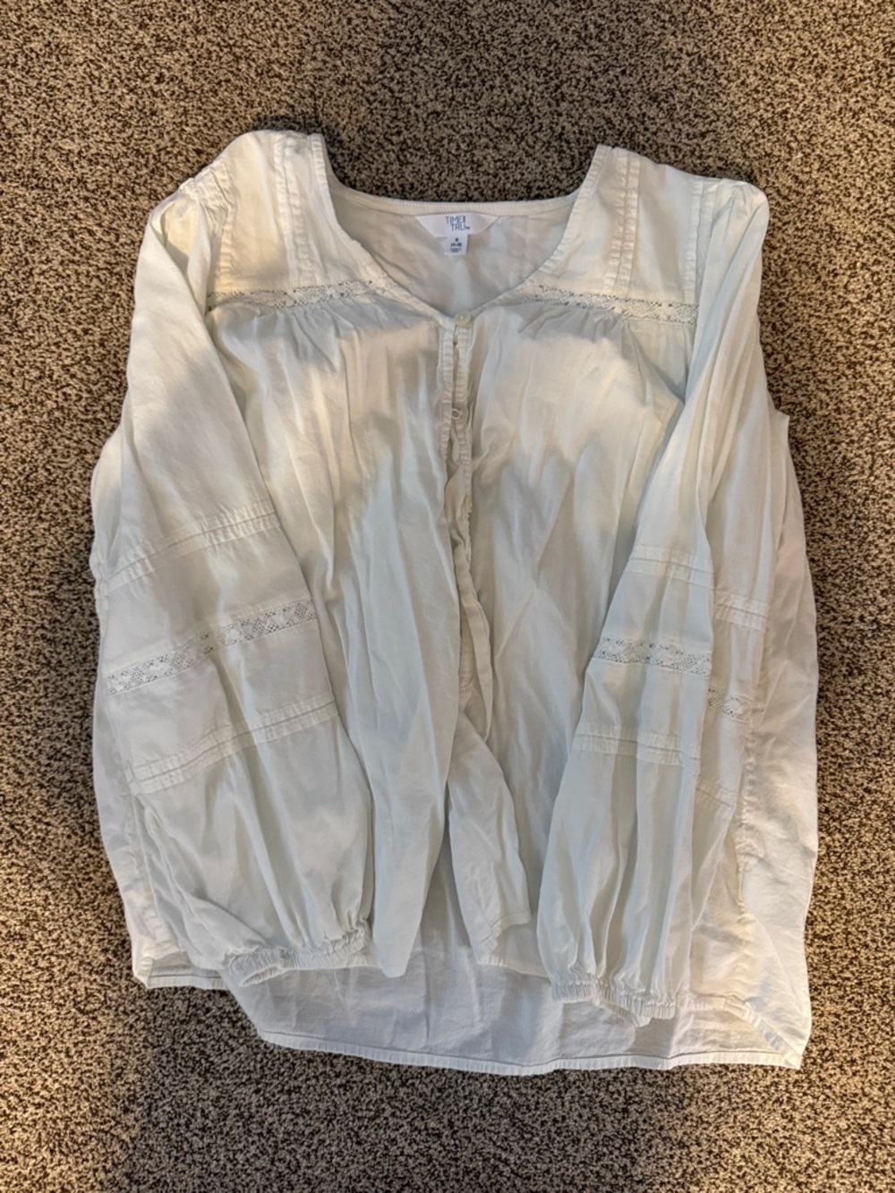 Time and Tru Cream Lace-Trim Button Front Blouse